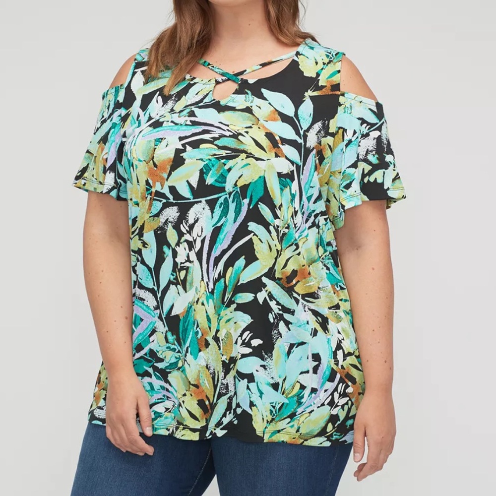 Catherines Tropical Summer Top Cold Shoulder Green Purple Leafs‎ Plus 1X 18/20W